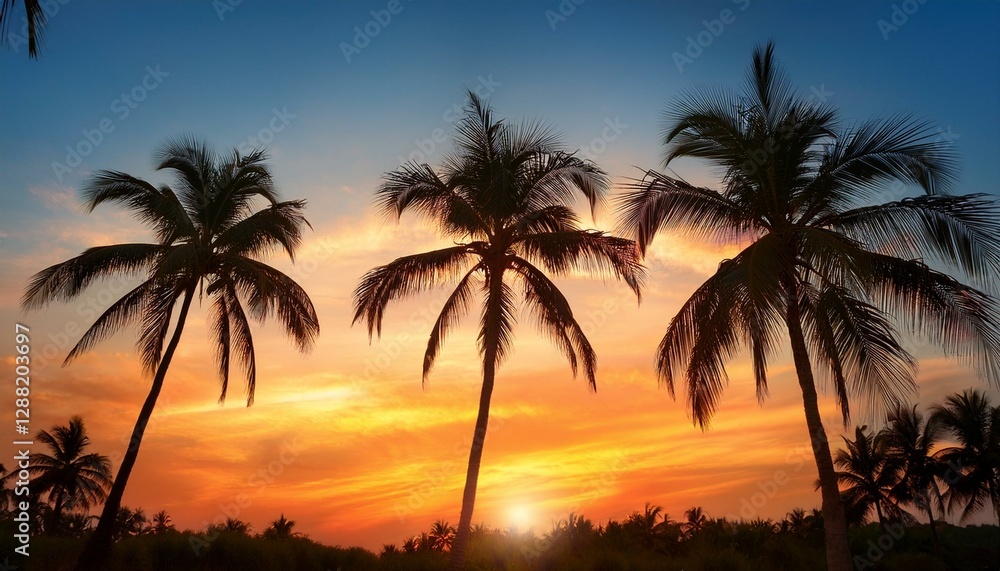 silhouette of palm trees on sunset sky background silhouette of palm trees on sunset sky background