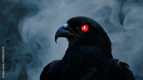 Mysterious raven with glowing eyes emerging from mystical smoke