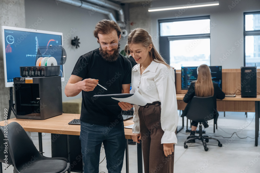 Man and woman are standing. Designer team are together in the office Man and woman are standing. Designer team are together in the office