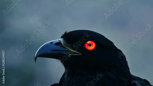 Vivid red-eyed raven observing in dark overcast setting