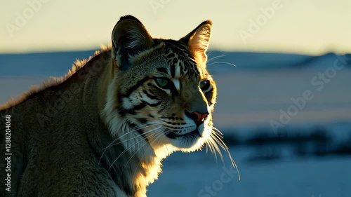 Elegant tiger walking through snowy landscape at sunset