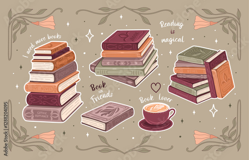 Set of vintage book stickers. Illustration for fantasy book lovers. Vector.