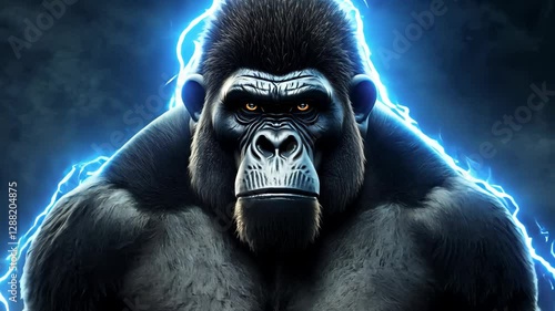 Epic gorilla with lightning aura and expressive faces showcasing power and emotion