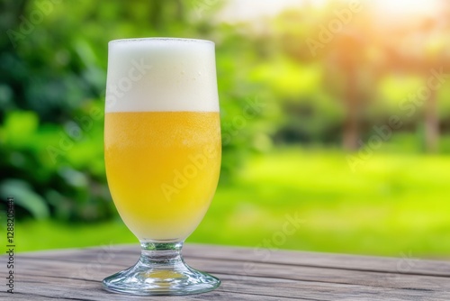 Golden Beer In Glass Outdoors with a description of an outdoor scene, and the beverage is a beer in