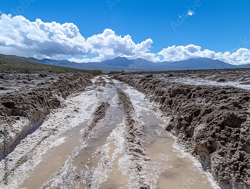 Desert Dirt Road After Rain, Mountain Background photo