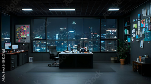 Dark Modern Office at Night with City View