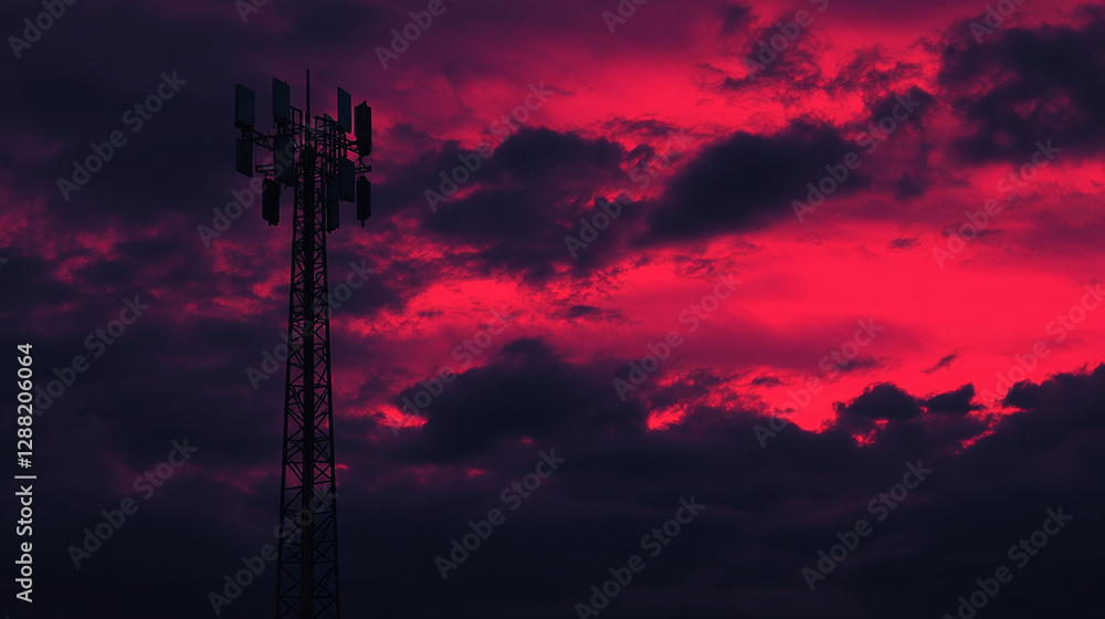 Fototapeta premium Tower silhouetted against a dramatic, vividly colored sky filled with dark clouds. Transmission tower over a powerful, ominous storm.