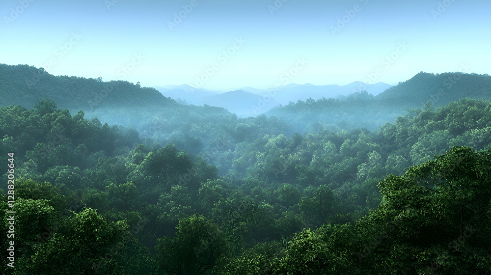 Obraz premium Misty Green Mountain Forest Landscape