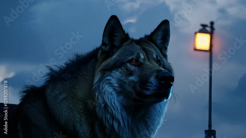 Majestic dog observing lantern under moonlit sky as clouds pass