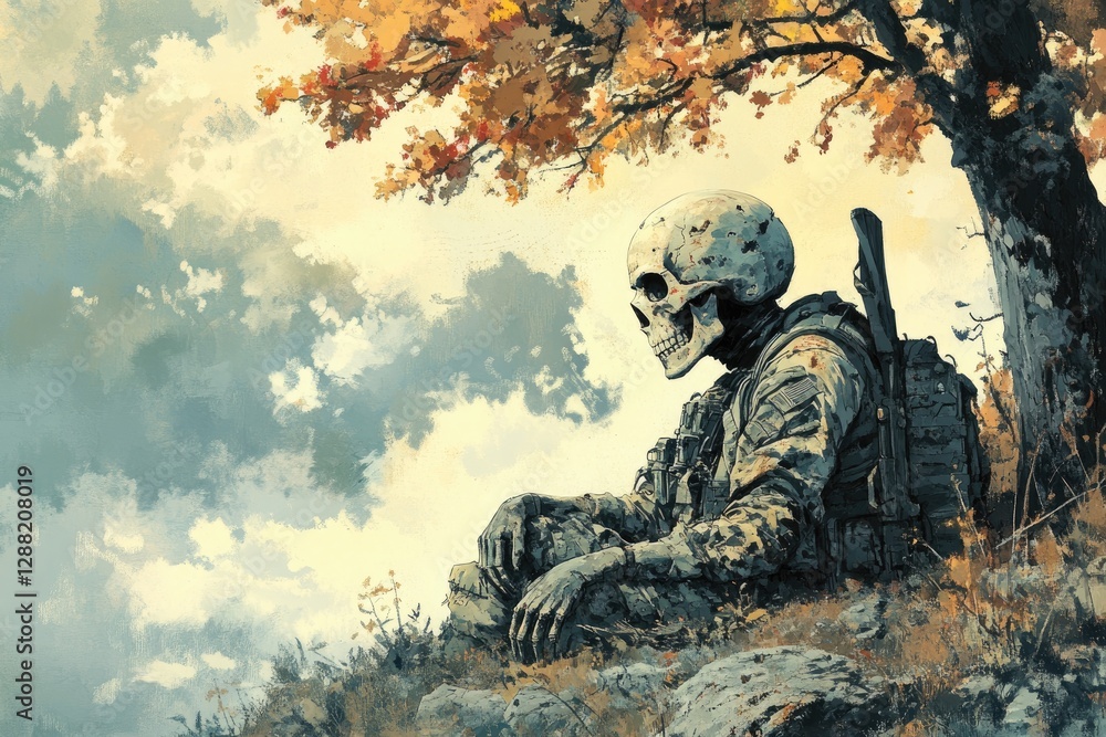 Fototapeta premium A skeleton soldier is resting under a leafy autumn tree