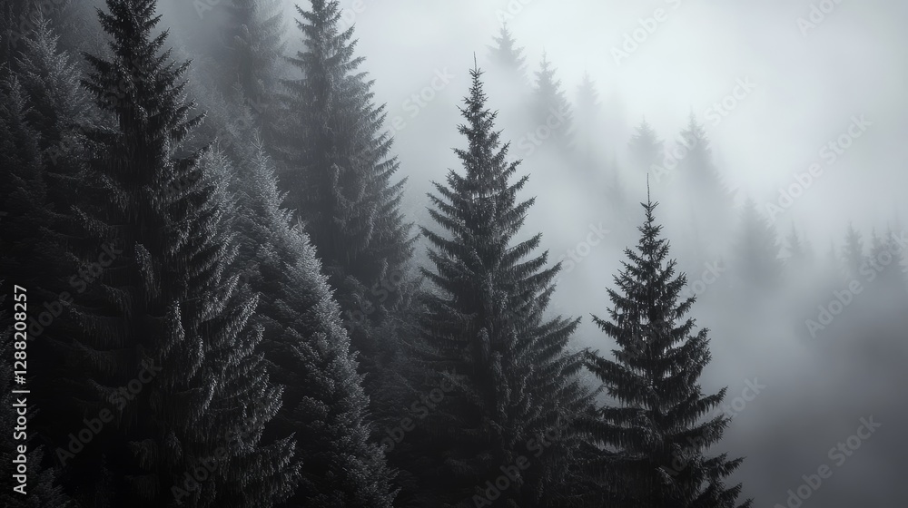 Obraz premium The Enchantment of a Misty Spruce Forest Embraced by Fog 