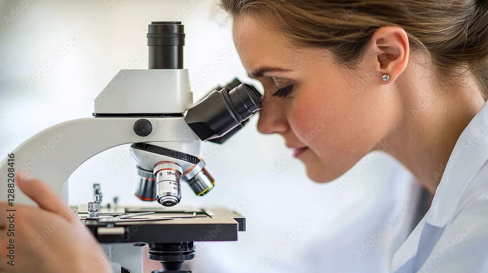 Focused scientist examines samples with a microscope, unlocking new discoveries. Innovations in science. Advancing research to combat diseases and improve health. Focused scientist examines samples with a microscope, unlocking new discoveries. Innovations in science. Advancing research to combat diseases and improve health.