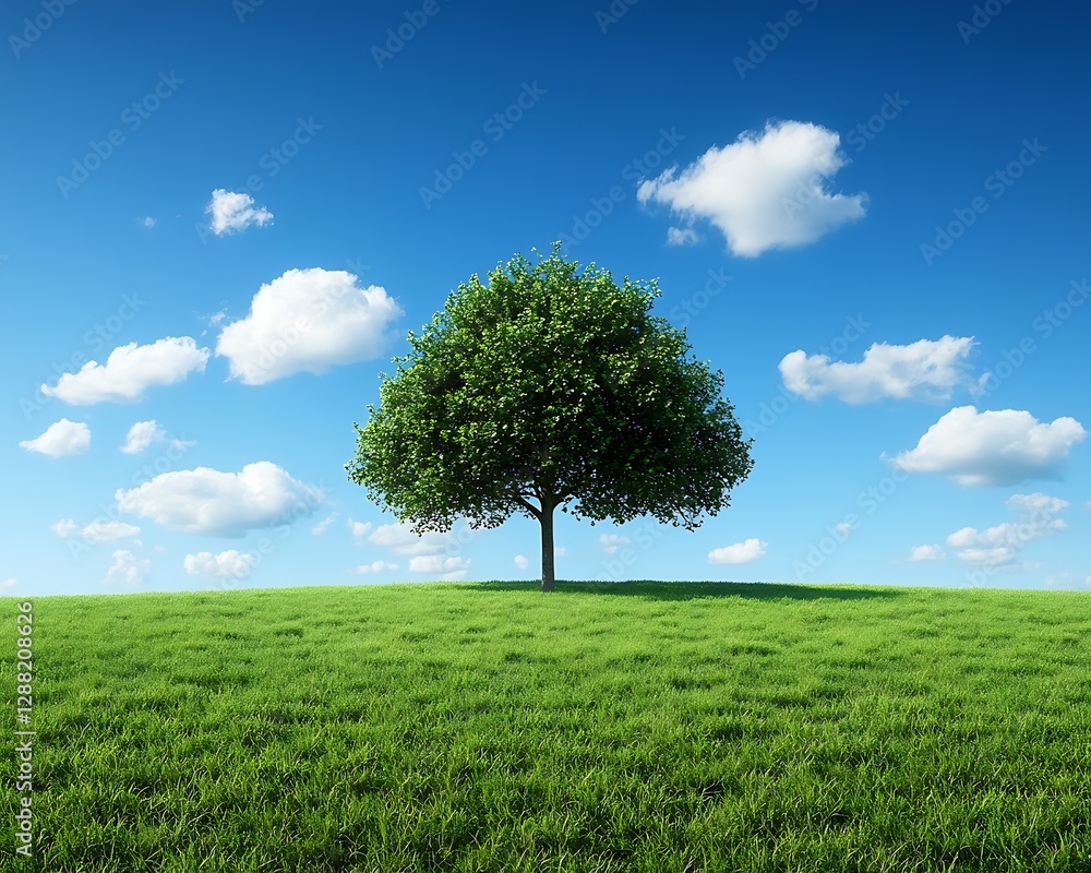Obraz premium Lone tree on grassy hill, clear sky, idyllic scene