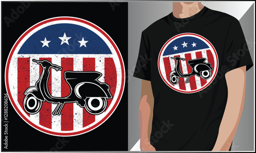 Scooter Vintage Classic Vector Illustration, Classic Scooter, American Flag, Scooter Motorbike T Shirt Design, Scooter Lover Design, Blue And Red USA Flag Apparel.