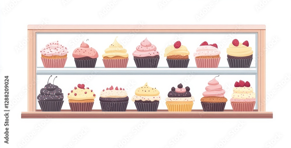 Naklejka premium Coffeehouse or candy store. Cake and pastry shop. Baked goods and pastries are on the shelves. Selection of holiday-themed cakes and pastries