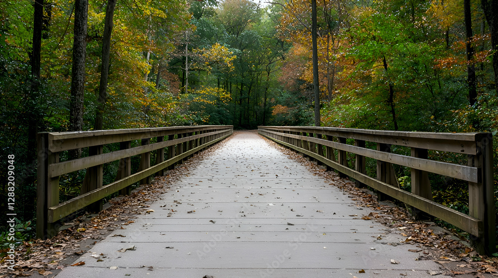 Obraz premium Autumnal Bridge Pathway Through a Forest