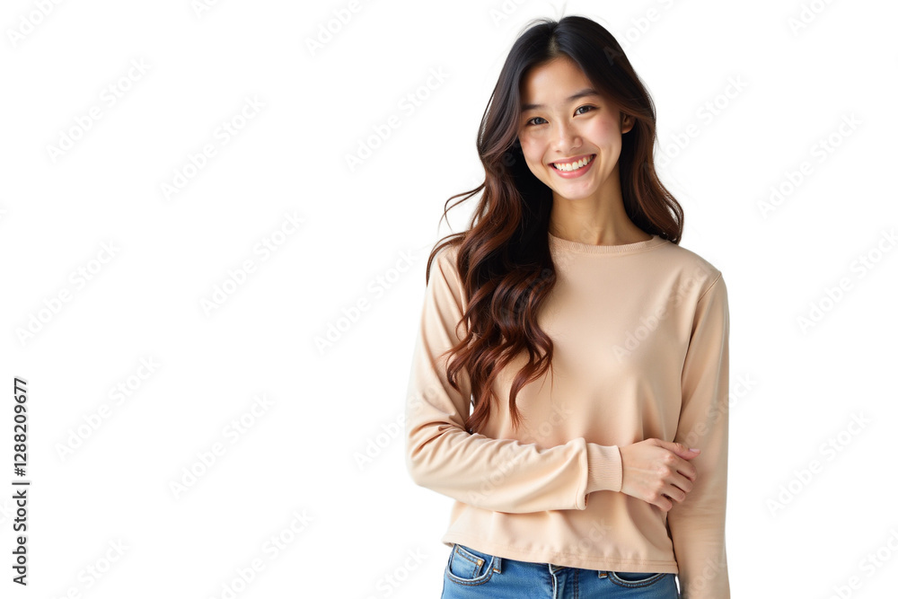 Smiling woman with brown hair, peach shirt isolated on Transparent background. Cheerful portrait for beauty, fashion, or business. Use for banners, ads, social media. Smiling woman with brown hair, peach shirt isolated on Transparent background. Cheerful portrait for beauty, fashion, or business. Use for banners, ads, social media.