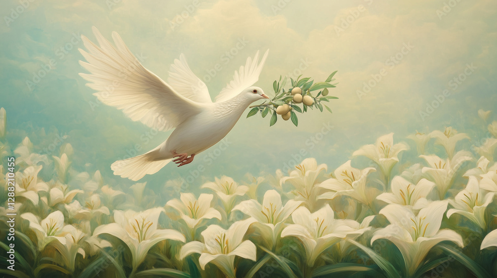 A dove carrying an olive branch, flying over a field of Easter lilies A dove carrying an olive branch, flying over a field of Easter lilies