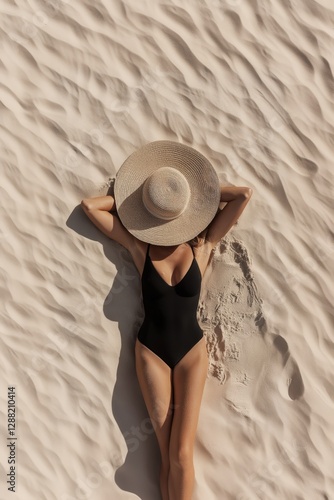 A woman in a black swimsuit lying on pristine sand with a straw hat covering her face, creating a minimalist beach scene with beautiful light and shadow play. Generative AI