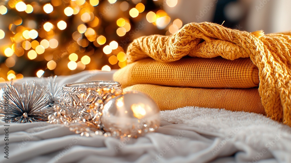 A bed with Christmas lights next to a pile of yellow blankets and a tree A bed with Christmas lights next to a pile of yellow blankets and a tree