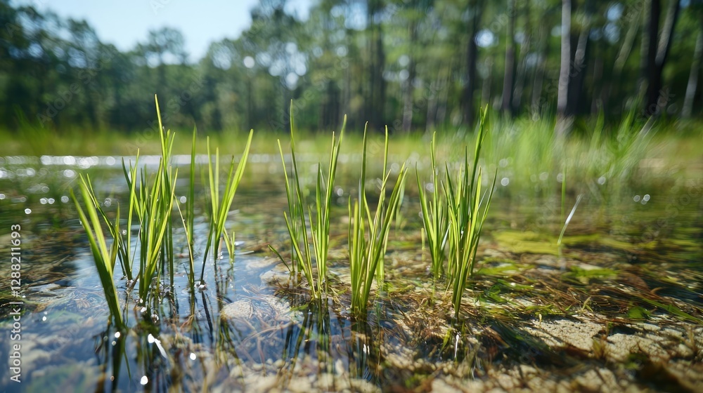 Earth day environmental concept. Close-up view of vibrant green grass growing near calm water in a scenic landscape. Earth day environmental concept. Close-up view of vibrant green grass growing near calm water in a scenic landscape.