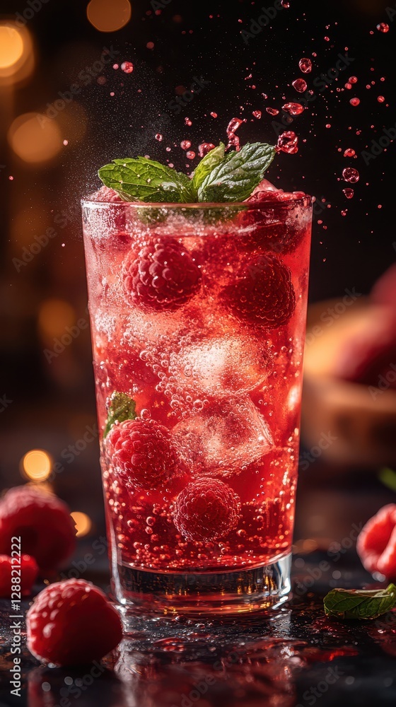 Beverage splash extreme concept. A refreshing raspberry drink with ice, mint leaves, and bubbles, set against a softly lit background, perfect for summer. Beverage splash extreme concept. A refreshing raspberry drink with ice, mint leaves, and bubbles, set against a softly lit background, perfect for summer.