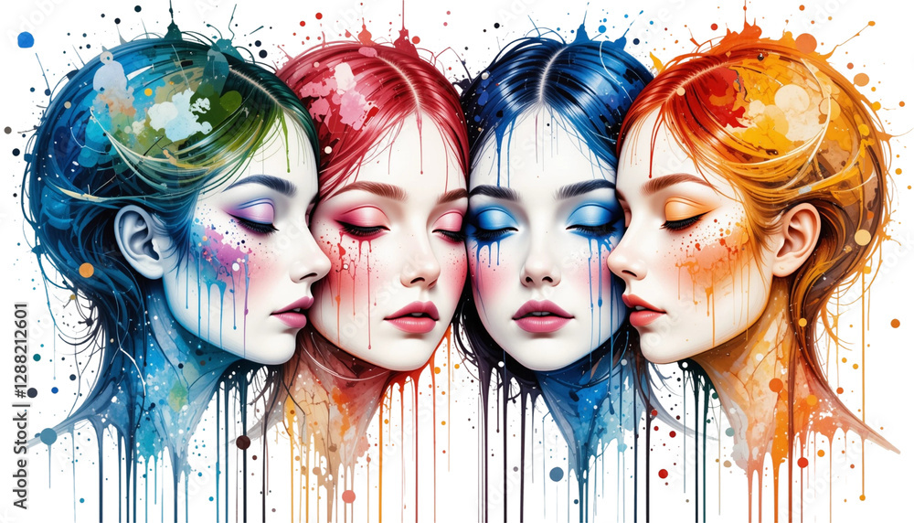 Obraz premium four female heads in splashed color style transparent background generated in ai
