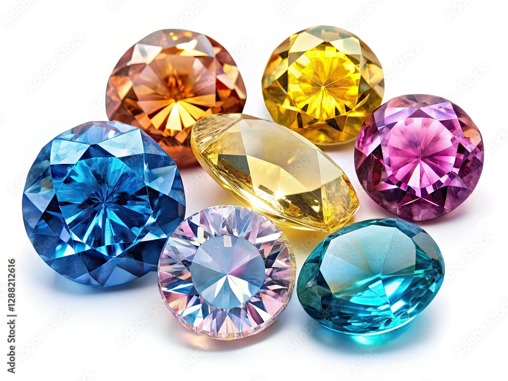 Fototapeta premium High-resolution images of isolated, vintage topaz gemstones: blue, yellow, and pink.