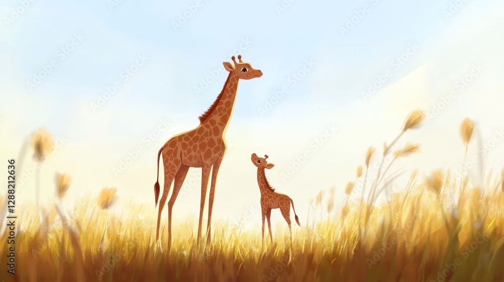 Naklejka premium Giraffe Family in a Serene Sunlit Golden Field Landscape