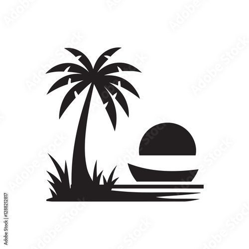 Palm Tree with Boat Beach Scene Silhouette Vector | Tropical Island Illustration