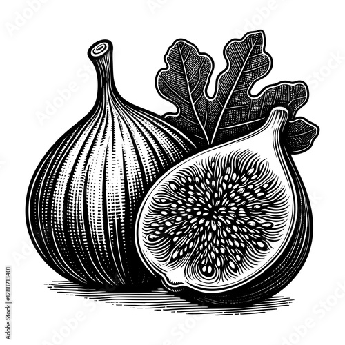 whole and sliced fig fruit with leaves, showcasing botanical beauty and natural texture engraving generative ai sketch PNG illustration