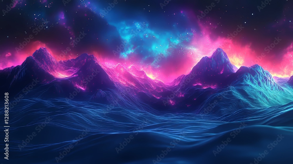 Obraz premium A fantasy landscape depicting a glowing sky filled with stars, illuminated mountains, and a colorful blue aurora borealis. This spiritual aura meditation postcard concept captures a serene and cosmic