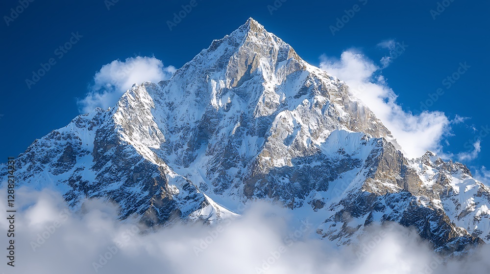 Fototapeta premium Majestic snow-covered mountain peak against clear blue sky, scenic landscape backdrop