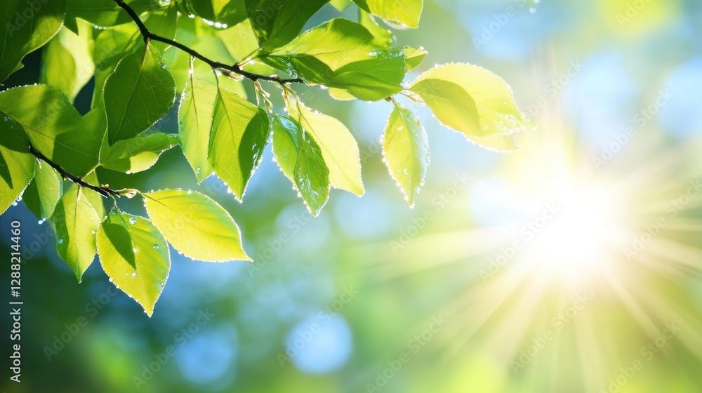 Sunlight Streaming Through Leaves with Dewdrops in a Lush Green Forest Scene Sunlight Streaming Through Leaves with Dewdrops in a Lush Green Forest Scene