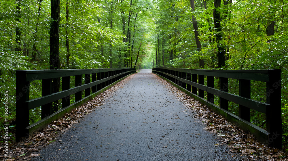 Fototapeta premium Paved Path Through a Lush Green Forest With Black Wooden Railings