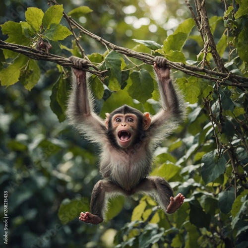 A mischievous cartoon monkey hanging from an invisible vine, sticking its tongue out.