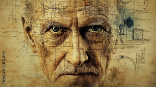 Wallpaper Mural Intricate Portrait of an Aged Man Interwoven with Historical Figures and Technical Drawings Evoking Knowledge and Wisdom Torontodigital.ca