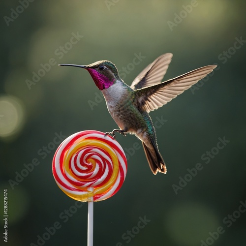 A tiny hummingbird with a huge lollipop, looking excited.