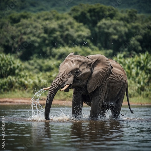 A joyful baby elephant splashing water with its trunk.
