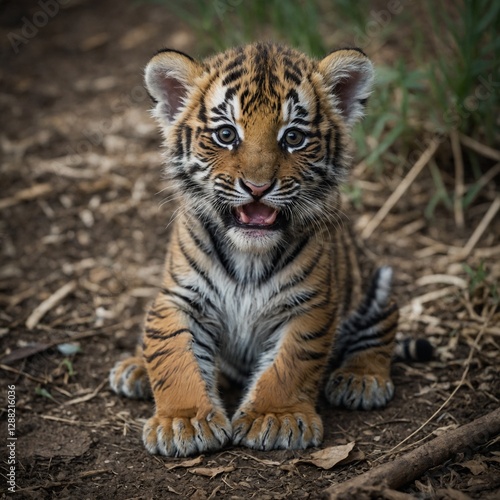 A tiny baby tiger cub with big paws and a mischievous smile.