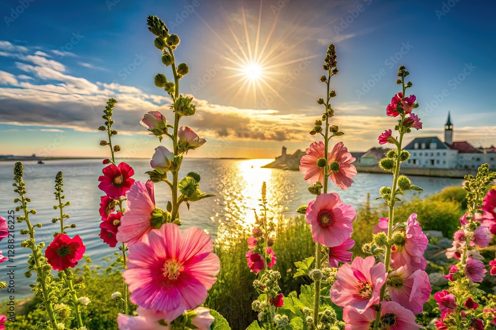 Obraz premium Île de Ré's vibrant hollyhocks burst into summer bloom, a picturesque French island scene.