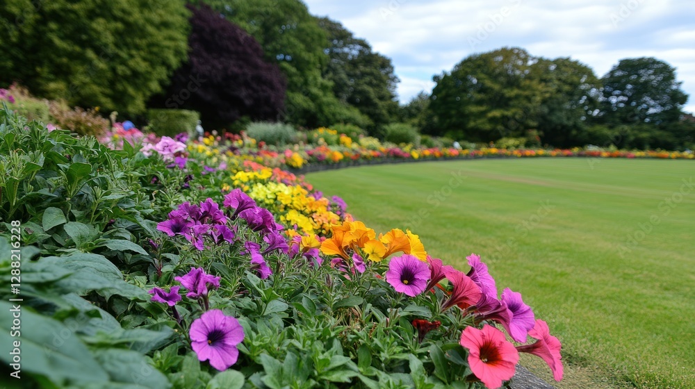 Fototapeta premium Vibrant Flower Bed in a Lush Green Parkland Setting