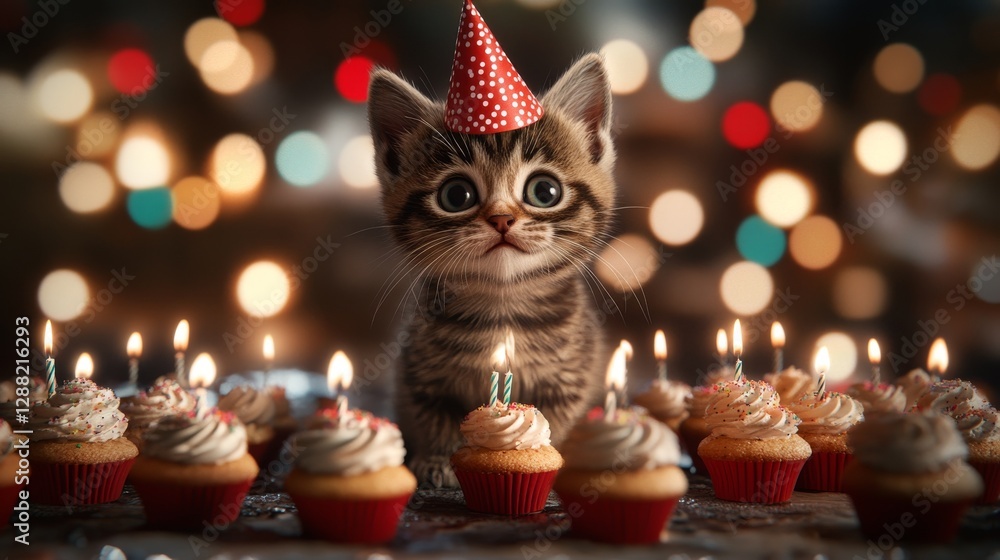 A cute fluffy kitten cartoon character celebrates a Happy Birthday party, featuring a sweet cake, a small red romantic card, and a festive party hat. Postcard illustration design A cute fluffy kitten cartoon character celebrates a Happy Birthday party, featuring a sweet cake, a small red romantic card, and a festive party hat. Postcard illustration design