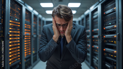 Stressed IT Professional in a Server Room Facing Technical Issues and Network Downtime