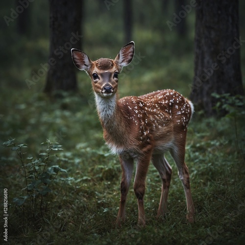 A tiny baby deer with sparkly antlers and an innocent gaze.