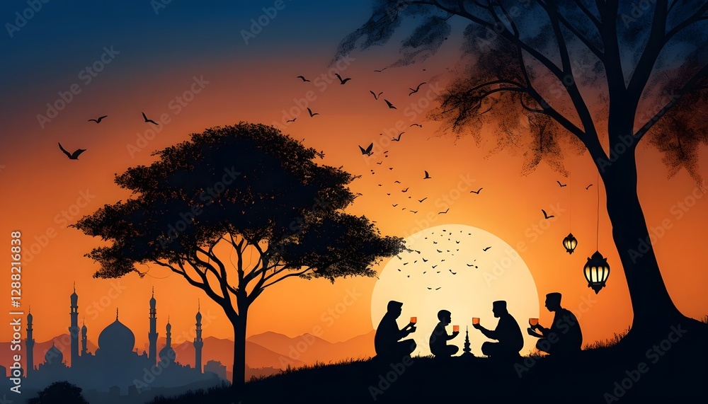 Naklejka premium Ramadan Iftar Gathering at Sunset. Islamic Family Celebration