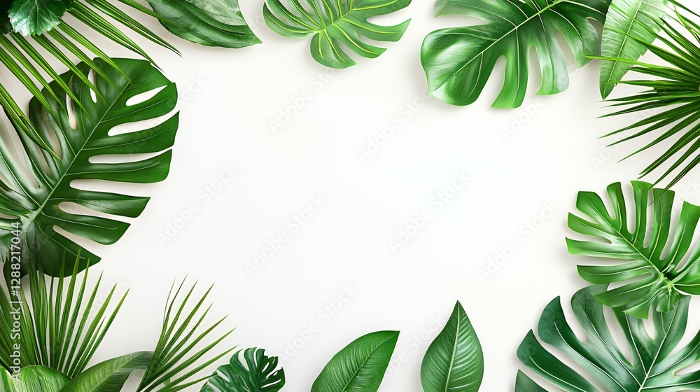 Naklejka premium Lush Green Tropical Leaves Frame on White Background