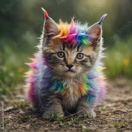 A magical baby unicorn kitten with a tiny golden horn and rainbow fur.