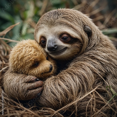 A sleepy baby sloth hugging a small teddy bear.