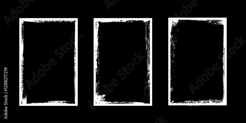 White frames with worn paper effect on black background. Textured rectangles with old, grunge, grainy, vintage, worn, dust effect. Simple object mockup. Realistic vector illustrations set.